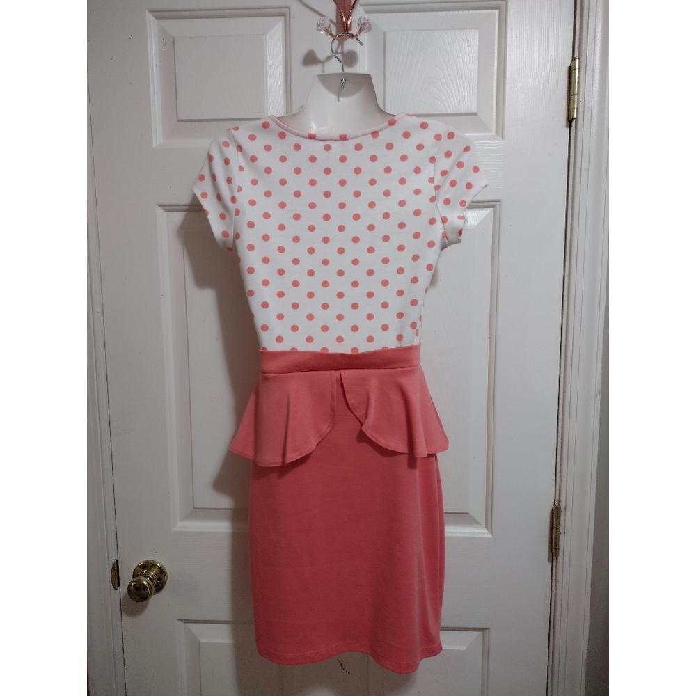 Polka Dot Peplum Y2K Business Casual Dress Coral/White Women's Size Small - Picture 9 of 11